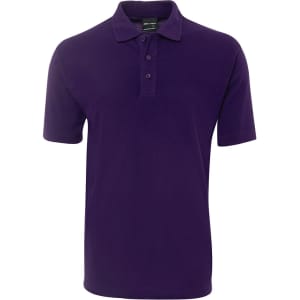 A purple polo shirt featuring a classic collar and three-button placket, with a logo on it.