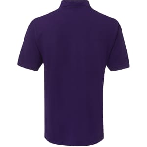 A purple polo shirt featuring a collar and short sleeves, with a logo on the back.