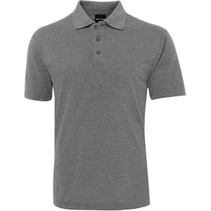 A grey polo shirt with a collar and three buttons, featuring a logo on the chest.