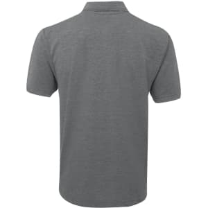 A grey polo shirt featuring a collar and short sleeves, with a logo on the upper back.