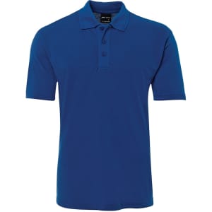 A polo shirt in a vibrant blue colour featuring a classic collar and three-button placket. It has a logo.