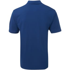 A blue polo shirt featuring a collar and short sleeves, with branding on the back.