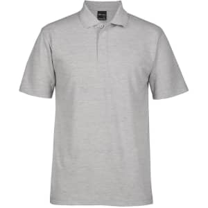 A light grey polo shirt with a collar and three buttons, featuring a branding logo.