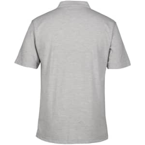 A grey polo shirt with a classic design, featuring short sleeves and a collar. The back view is displayed.