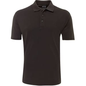 A dark green polo shirt with a three-button placket and short sleeves, featuring a logo on the chest.