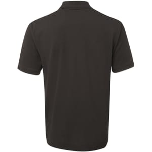 A dark green polo shirt featuring a collar and short sleeves, with branding on the back.