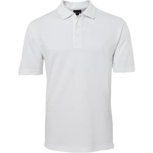 A plain white polo shirt featuring a collar and three buttons, branded with a logo.