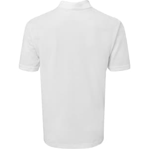 A white polo shirt featuring a collar and short sleeves, with a logo on the back.