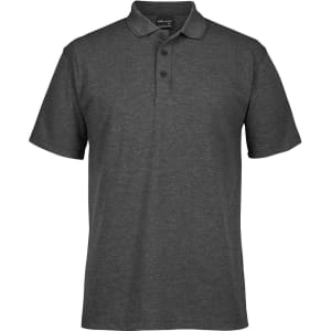 A dark grey polo shirt with a collar and three buttons, featuring a logo on the chest.