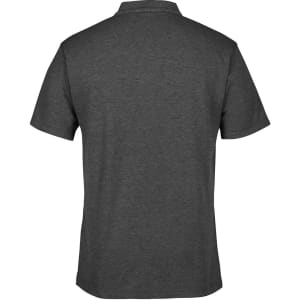A dark grey polo shirt featuring a simple design and a logo on the back.