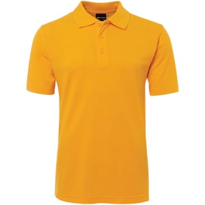 A bright yellow polo shirt featuring a classic collar and three-button placket, with a small logo on the chest.
