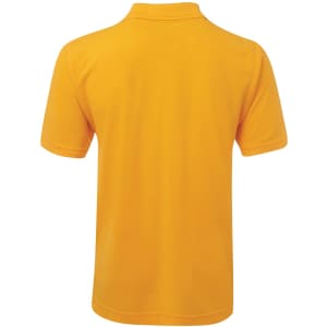 A yellow polo shirt featuring a classic collar and short sleeves, with a branding logo.