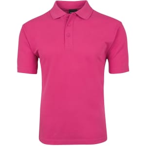 A bright pink polo shirt with a collared neckline and two buttons, featuring a logo on the chest.
