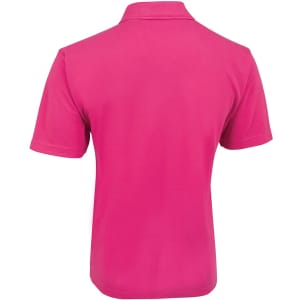 A pink polo shirt with a collar, featuring short sleeves and a noticeable brand logo.