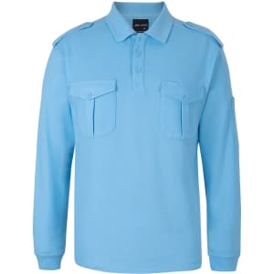 A light blue long-sleeve polo shirt with epaulettes and front pockets, featuring a logo on the label.