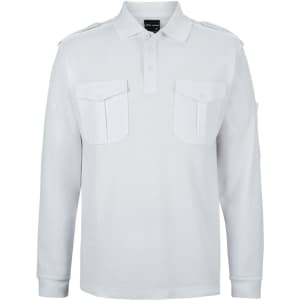 A white long-sleeve polo shirt with epaulettes and two chest pockets. It features a logo on the collar.
