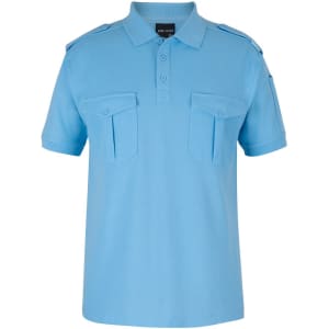 A light blue polo shirt featuring two chest pockets and shoulder epaulettes. It has a logo on the collar.