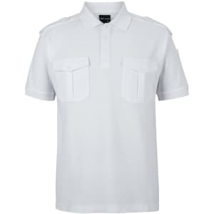 A white polo shirt with epaulettes and two front pockets, featuring a subtle logo on the collar.