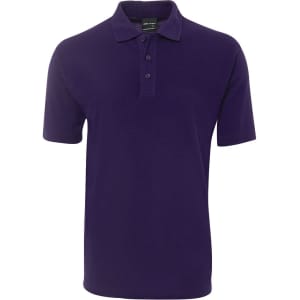 A purple polo shirt featuring a classic collar and button placket, with a logo on it.