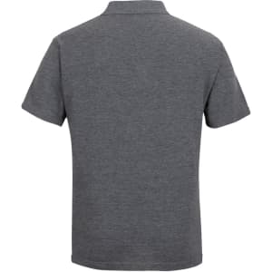 A grey polo shirt featuring a short sleeve design and a collar. The back view displays a simple and clean style.