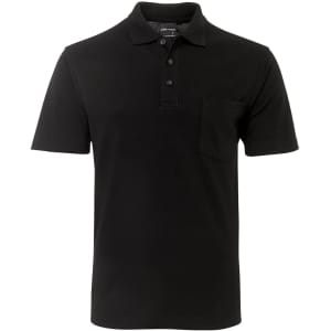 A black polo shirt featuring a pocket and a logo on the collar. Short sleeves and a classic design.