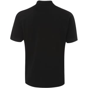 A black polo shirt featuring a collar and short sleeves, with a logo on the back.