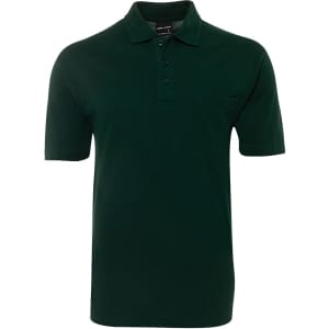 A dark green polo shirt with a collar, short sleeves, and a breast pocket. It has a logo on it.