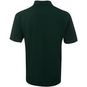 A dark green polo shirt with a collar and short sleeves, featuring a branding logo.
