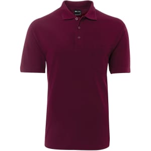 A burgundy polo shirt with a collar, a pocket, and a logo on the chest.
