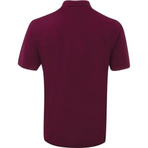 A maroon polo shirt featuring a collar and short sleeves, with a branding logo on the back.