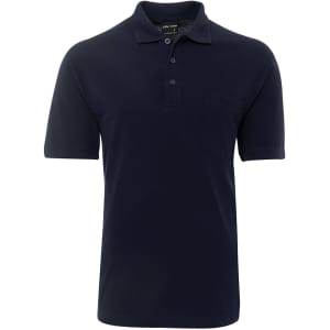 A navy blue polo shirt featuring a collar, buttons, and a pocket, with a logo present on the fabric.