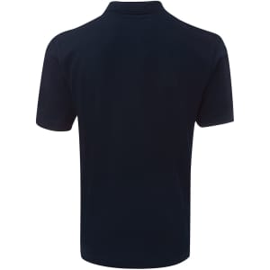 A navy polo shirt featuring a collar and short sleeves, with a logo displayed on the back.