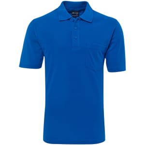 A blue polo shirt featuring a collar, short sleeves, and a pocket on the front, with a logo.