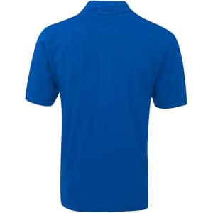 A blue polo shirt with a classic collar and short sleeves, featuring a logo on the back.