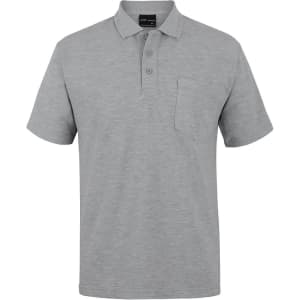 A light grey polo shirt with a collar, three buttons, and a front pocket, featuring a logo on the label.
