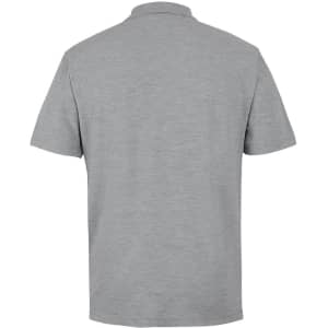 A grey polo shirt featuring a collar and short sleeves, with branding on the back.