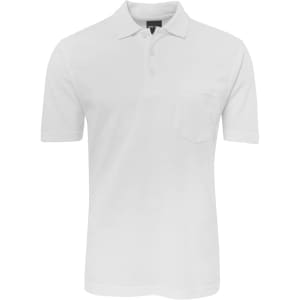 A white polo shirt with a collar and a pocket, featuring a logo on the collar.