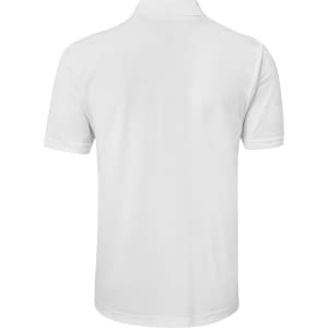 A white polo shirt featuring a classic design and a logo on the back.