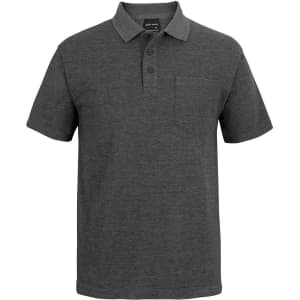 A charcoal grey polo shirt with a collared neck, three buttons, and a chest pocket. It features a logo.