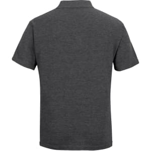 A grey polo shirt with a collar and short sleeves, featuring a logo on the back.
