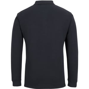 A long-sleeve black polo shirt featuring a classic collar and a small logo on the back.