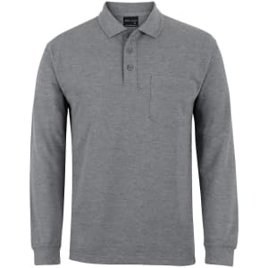 A grey long-sleeve polo shirt featuring a pocket and a collar, with a logo on the label.