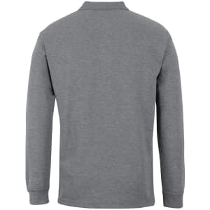 A long-sleeve grey polo shirt with a collar, featuring a logo on the front.