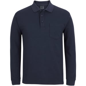 A navy long-sleeve polo shirt with a pocket and a collar, featuring buttons and a logo.