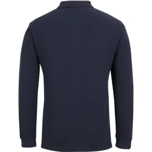 A long-sleeve navy polo shirt with a collar and a pocket on the front. It features a branding logo.