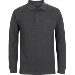 A long-sleeve polo shirt in charcoal grey with a pocket and a buttoned placket. Features branding on the chest.