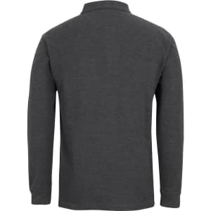 A grey long-sleeve polo shirt with a collar and a branding logo on the back.