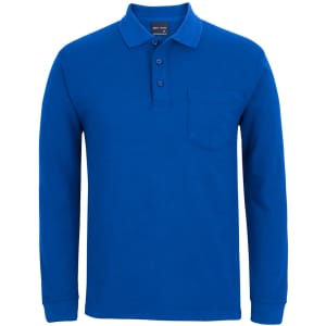 A long-sleeve polo shirt in a vibrant blue colour, featuring a pocket and a buttoned collar.