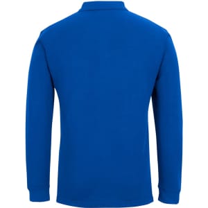 A blue long-sleeved polo shirt with a collar and a pocket, featuring a logo.