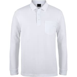 A white long-sleeve polo shirt featuring a pocket and a logo on the collar.